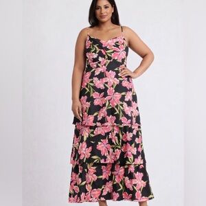 Anne Klein Black and Pink Multi Floral Tiered Maxi Sleeveless Dress NWT Size 16